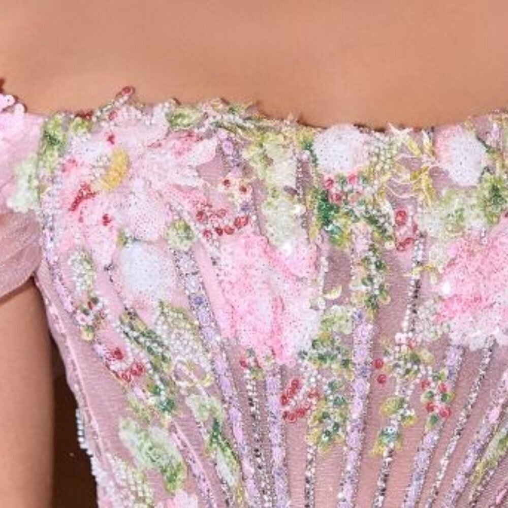 New Off Shoulder Evening Tulle Gown w/ Floral Applique & Layered Skirt CD A1479 - Picture 5 of 11